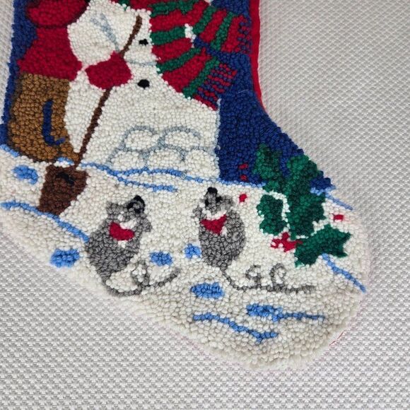 Holiday Christmas Stocking Snowman Reindeer Mice Hooked Wool Velvet - Picture 3 of 4